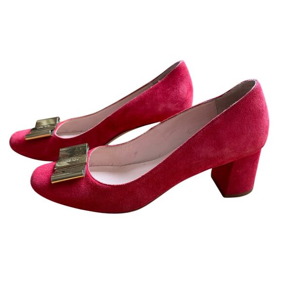 kate spade Shoes - Kate Spade Red Suede Dijon Gold Metal Bow Block Heel Size 6 Classic Preppy Chic